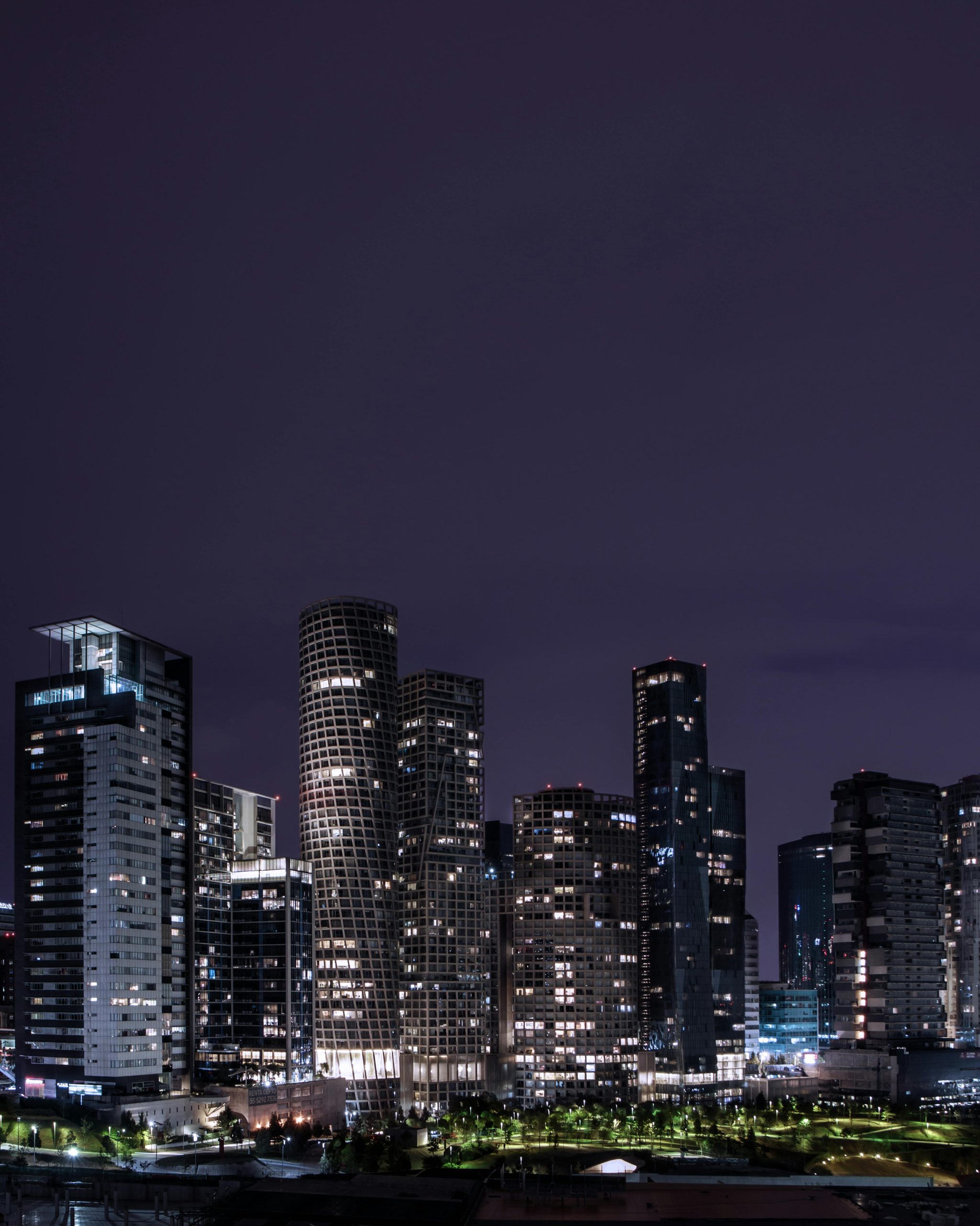 Beautiful night view of the modern high-rise buildings in Mexico City.